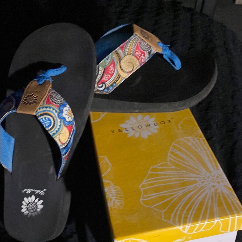 Yellow Box Black and Blue Sandals with Vibrant Design